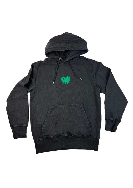 Black hoodie with a green heart logo on a white background