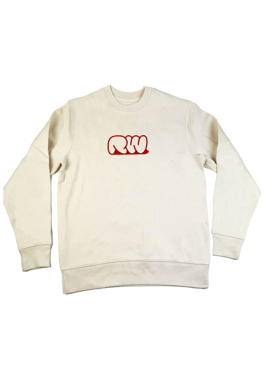 Beige sweatshirt with a red logo on a white background