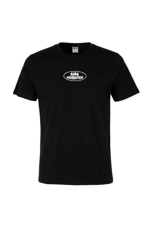 Black t-shirt with a logo on a white background